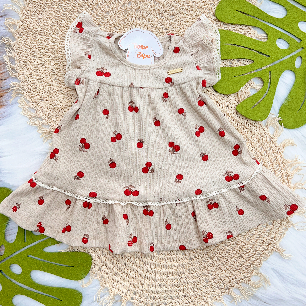 Vestido Anarruga Cerejinhas - Areia e Vermelho